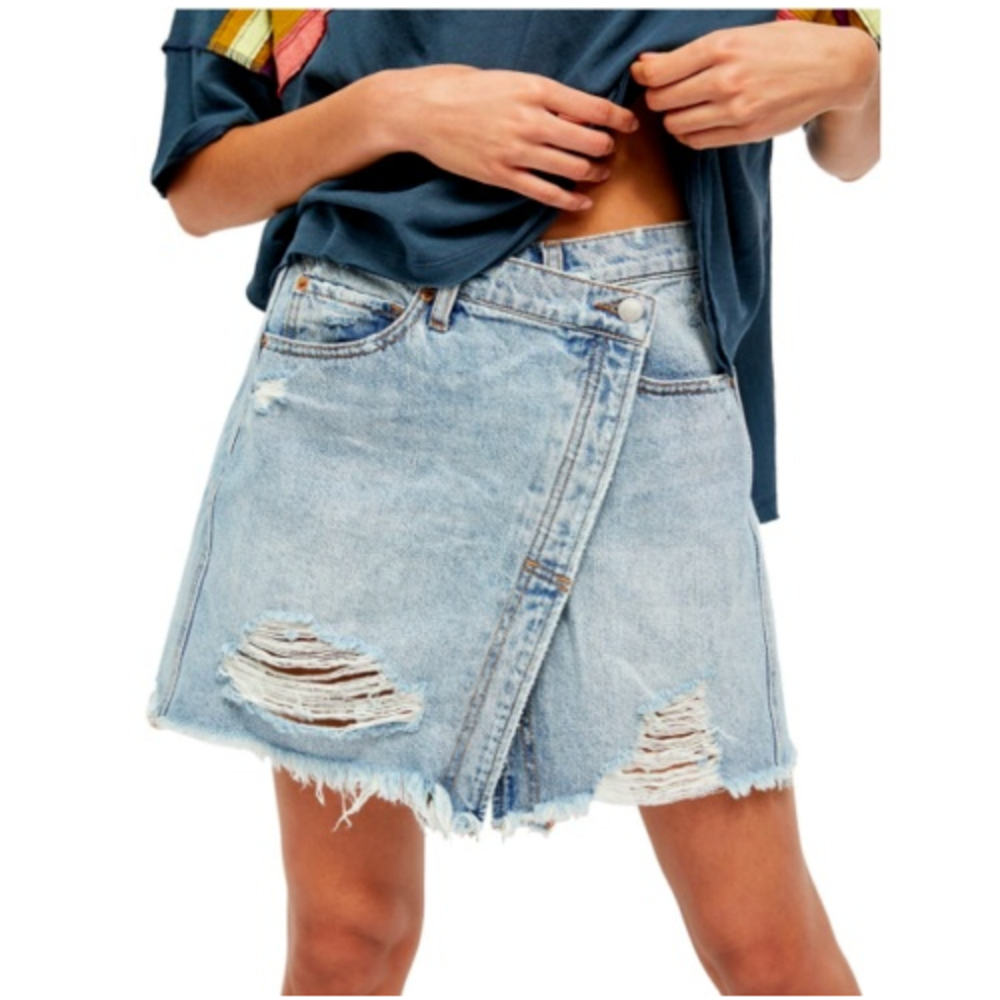 Free People Parker High Rise Wrap Denim Skirt-Surfs Up Wash